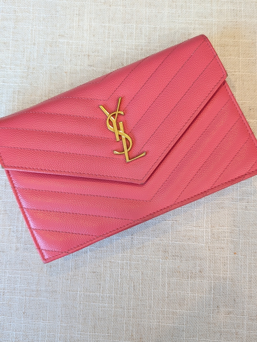 Saint Laurent Pink Quilted Envelope Wallet On Chain with Gold YSL Logo